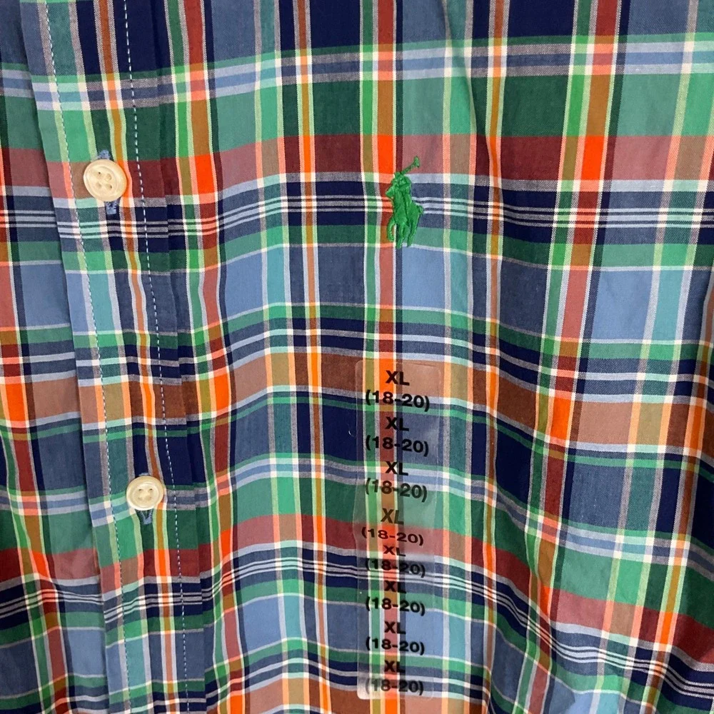 Ralph Lauren Boys XL 18-20 Plaid Short Sleeve Button Down Shirt Blue Green Multi